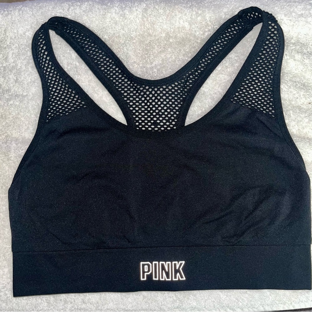 PINK Victoria's Secret Black Racerback Mesh Sports Bra, Size Large